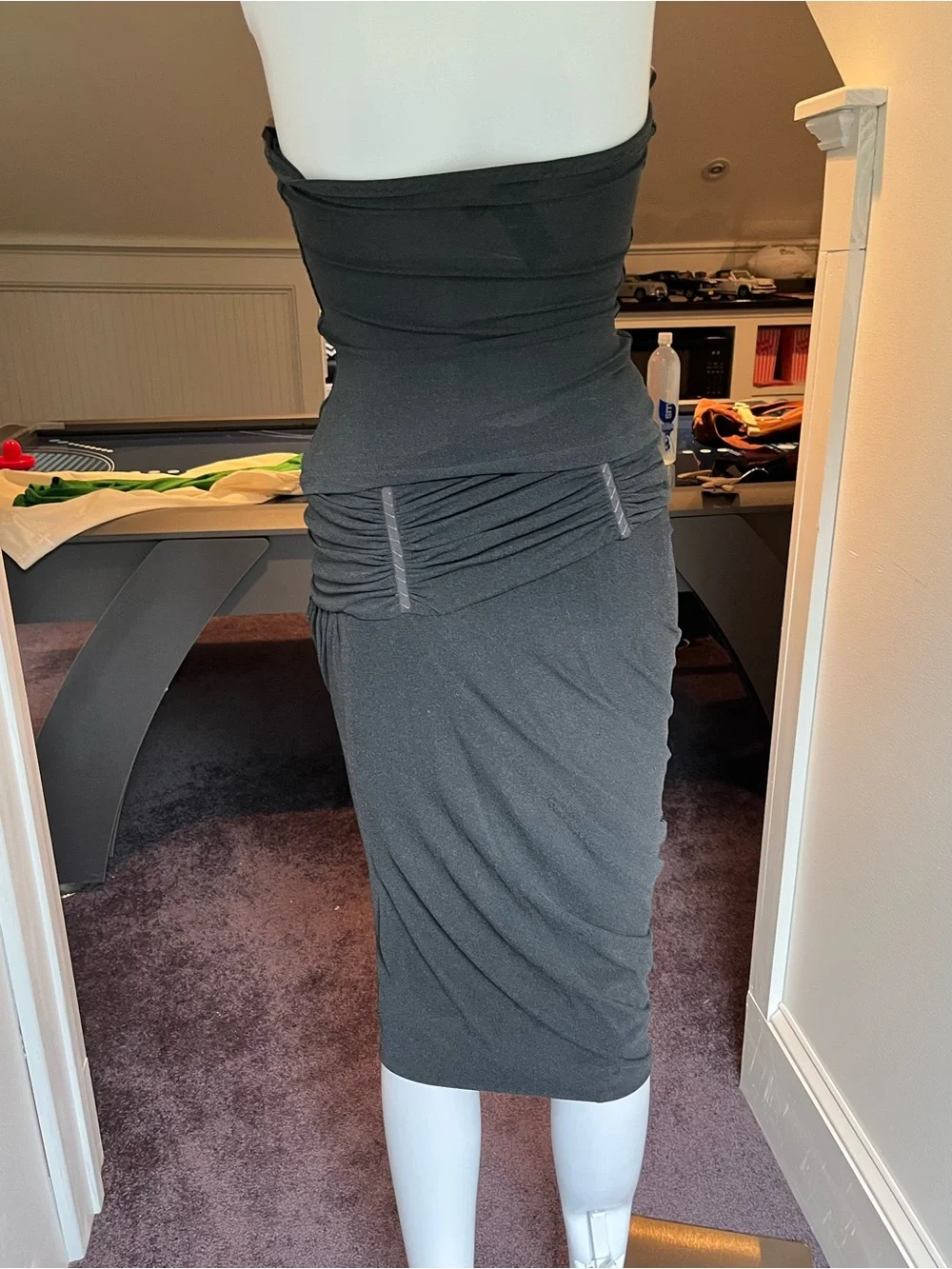 Donna Karan Strapless Slate Gray Ruched Sheer-Panel strapless top and skirt